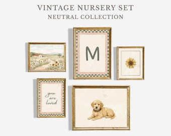 Cottagecore Nursery Art Set, Country Landscape, Alphabet Letter Prints (Digital Download)