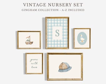 Vintage Nursery Wall Art Set, Blue Gingham Watercolor Prints (Digital Download)