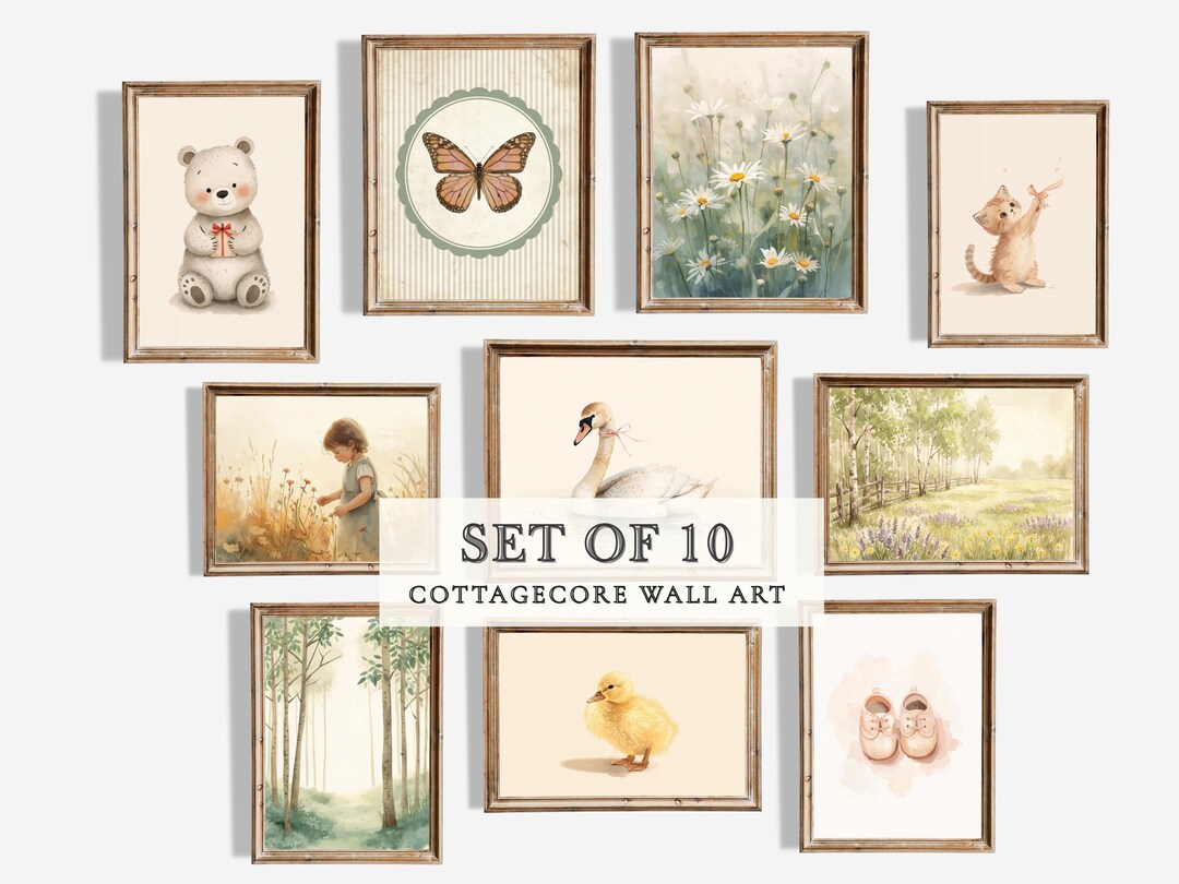 Set of 10 Vintage Cottagecore Nursery Art Prints, Neutral Playroom ...
