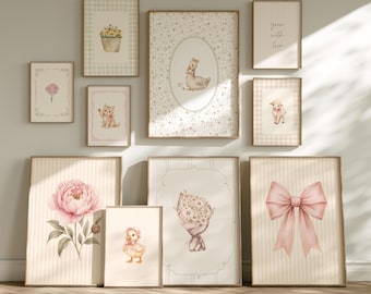 Baby Girl Nursery Art Set, Cottagecore Floral Animals, Pink Sage Gallery Wall (Digital Download)