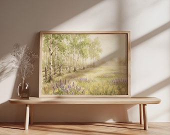 Vintage Meadow Landscape Print, Cottagecore Farmhouse Wall Art (Digital Download)