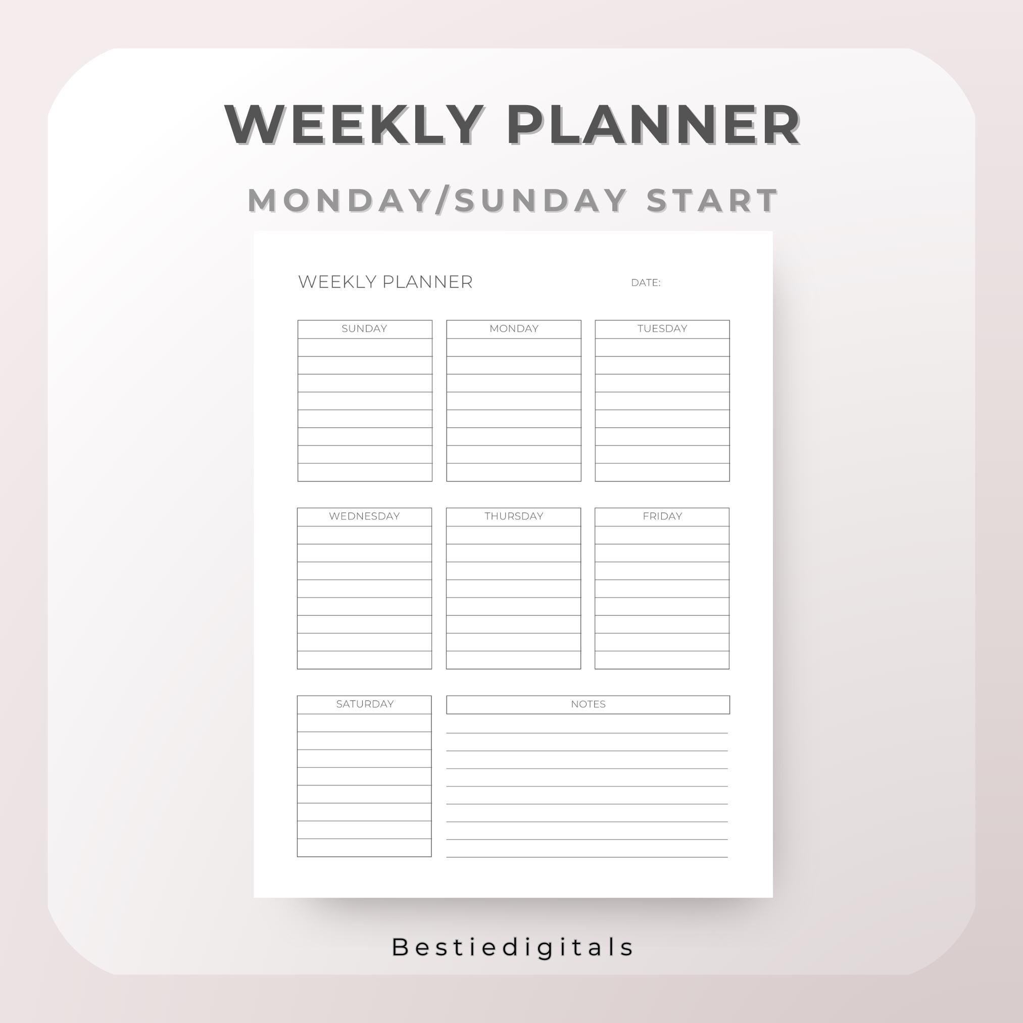 Printable Weekly Planner A4, A5, Letter, Half Letter Fillable PDF ...