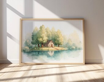 Watercolor Lake House Print, Vintage Cottage Landscape, Rustic Lakeside Decor (Digital Download)