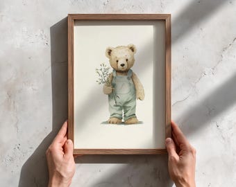 Vintage Teddy Bear Print, Cottagecore Nursery Decor, Wildflower Art (Digital Download)