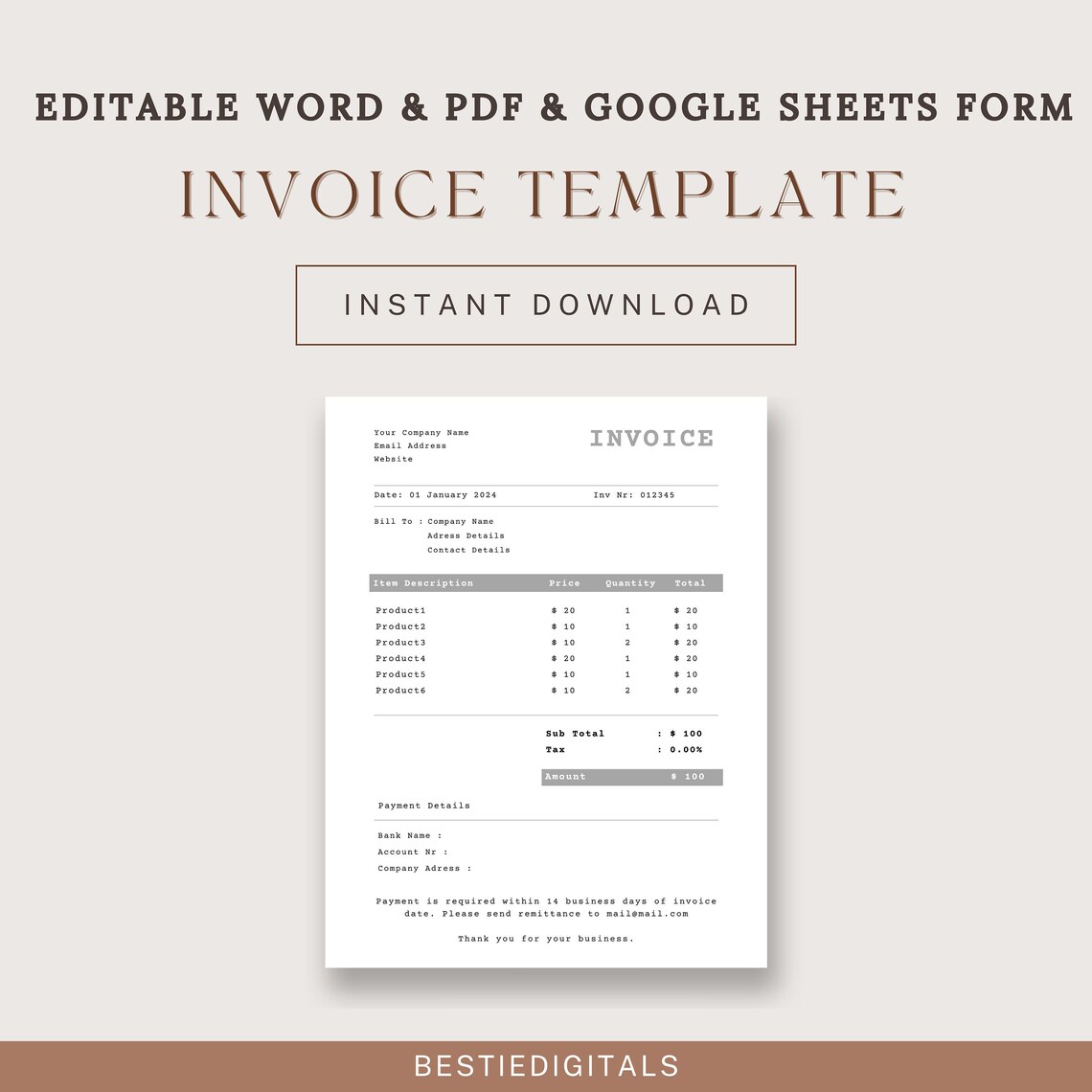 Invoice Template | Printable Invoice | Business Form | Editable Invoice ...