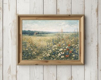 Meadow Wildflower Field Painting, Rustic Home Decor (Digital Download)