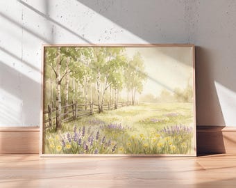Vintage Meadow Landscape Print, Cottagecore Farmhouse Wall Art (Digital Download)