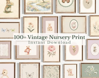 Cottagecore Nursery Wall Art Set, Vintage Animals, Florals, Pastels (Digital Download)