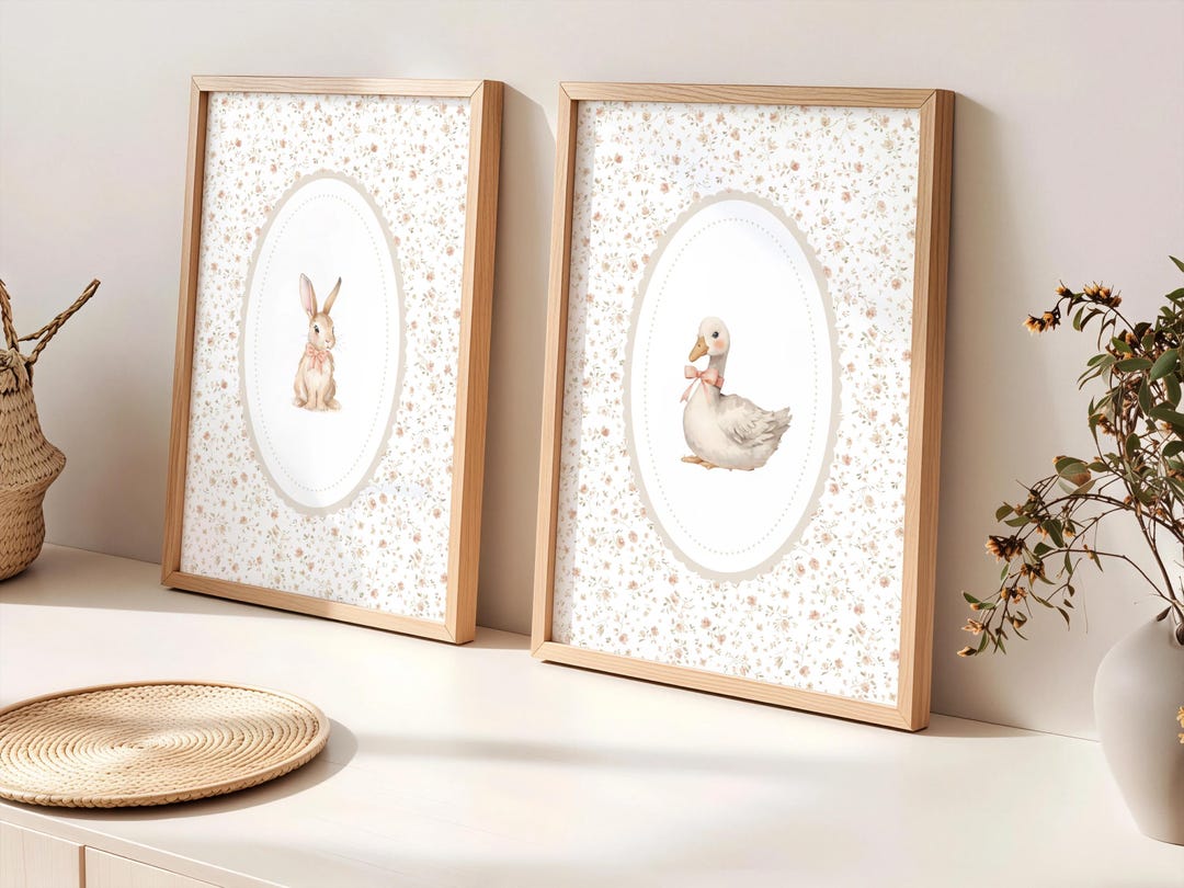 Bunny and Goose Nursery Print Set | Vintage Floral Farm Art (digital ...