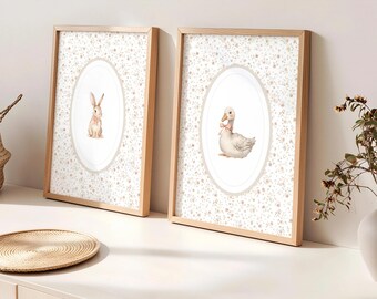 Bunny and Goose Nursery Print Set | Vintage Floral Farm Art (Digital Download)