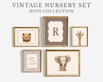Vintage Safari Animals Nursery Art, Watercolor Bear, Giraffe, Elephant Prints (Digital Download)