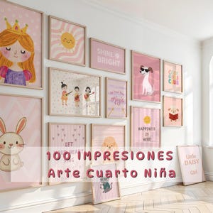 May include: A gallery wall of framed art prints in pink and white, including images of a princess, a sun, and a dog wearing sunglasses. The prints feature text such as "SHINE BRIGHT" and "HAPPINESS IS HERE".