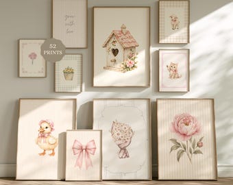 52 Pcs Cottagecore Nursery Wall Art, Baby Girl Floral Animal Prints (Digital Download)