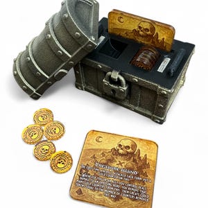 Conjunto de fichas da Ilha do Tesouro e estojo para armazenamento de baús - Ficha para TCG de Carne e Osso - Alteração de Ficha - Arte em Alto Mar - Proxie - Carne e Osso
