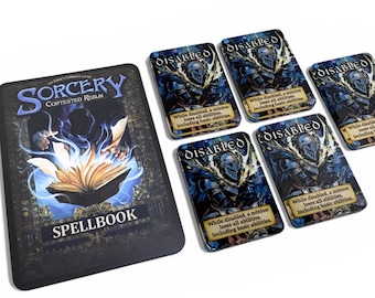 May include: A tabletop game set featuring a spellbook and several cards. The spellbook is rectangular with the title "SORCERY CONTESTED REALM" and "SPELLBOOK" printed on it. The cards are rectangular and feature the word "DISABLED" and an illustration of a knight.