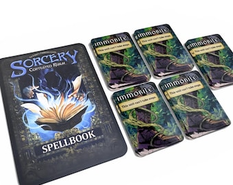 May include: A tabletop game set featuring a spellbook and several game cards. The spellbook is black with the title "Sorcery Contested Realm" and the word "Spellbook" at the bottom. The cards have an illustration of a boot.
