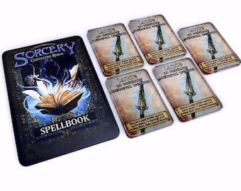 May include: A game set featuring a spellbook and several cards. The spellbook is black with the title "Sorcery Contested Realm" and the word "Spellbook" below an illustration. The cards are rectangular with the text "Lance an ordinary medieval weapon".