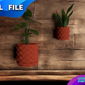 May include: Two terracotta-colored geometric planters with plants hanging on a wooden wall. The text .STL FILE is visible in the top left corner of the image.
