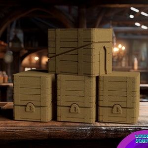 May include: Four wooden boxes with metal latches and hinges. The boxes are stacked in a pyramid shape on a wooden surface. The boxes are brown and have a rustic appearance.