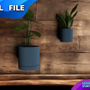 May include: Two blue planter pots with plants hanging on a wooden wall. The text .STL FILE is in the top left corner of the image.