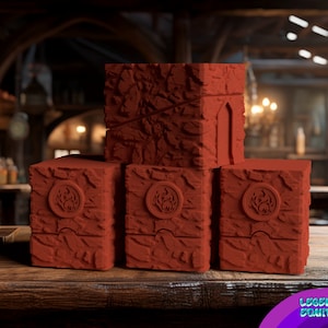 May include: Five red, stone-textured boxes with a raised design. The top box has a pointed archway. The other four boxes have a circular design with a flame symbol.