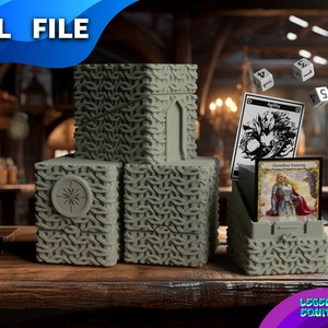 May include: Three 3D printed gray boxes with intricate Celtic knot designs. The top box has a pointed archway, the middle box has a starburst design, and the bottom box has a simple lid. The boxes are on a wooden table with a card game and dice.