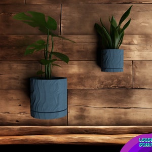Puede incluir: Dos macetas de cerámica texturizada azul con plantas colgadas en una pared de madera. La maceta de la izquierda tiene una planta verde frondosa grande y la maceta de la derecha tiene una planta verde más pequeña con hojas largas.