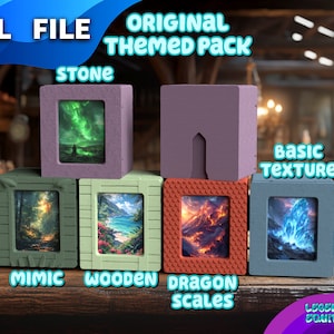 Arquivos STL - DeckBox - Pacote temático original - Commander Display / Card Display tamanho 100+ - Montável em parede flutuante - Sistema de montagem DeckCore