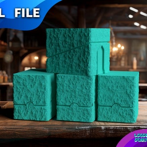 May include: Four teal-coloured 3D printed blocks with a textured surface. The top block has a cutout archway. The blocks are arranged in a row on a wooden surface.  .STL FILE