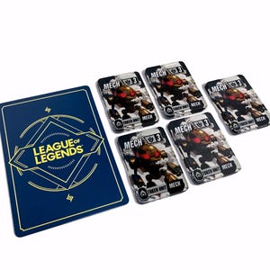 May include: A collection of League of Legends game cards. The image features a blue card with the game's logo and several smaller cards with a mech design. The cards display the text "MECH 3" and "TOKEN UNIT MECH".