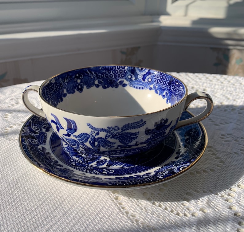Rare Vintage Burleigh Ware Blue Willow Soup Cup/bowl Gold Etsy UK