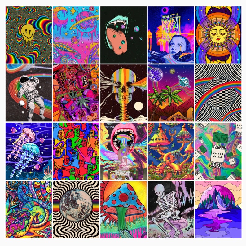 Psychedelic Trippy Wall Collage Kit, Indie Aesthetic, Teen Trippy Room Decor, Dorm Decor, Photo Collage Kit, Wall Collage Digital 50PCS 