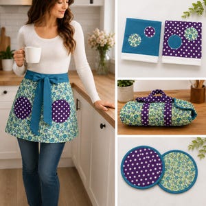 Può includere: Un set da cucina composto da un grembiule in vita con motivo floreale e tasche a pois viola, due asciugamani rettangolari con accenti floreali e a pois abbinati, una borsa in tessuto trapuntato e due presine rotonde con stampe floreali e a pois.
