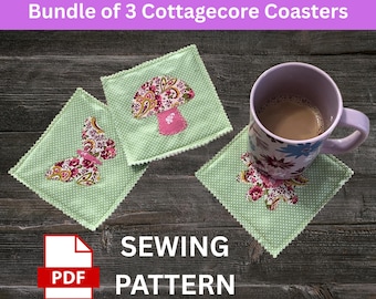 3 Moldes para Costura de Porta-Copos Acolchoados Estilo Cottagecore | Moldes Imprimíveis e Tutorial - Cogumelo, Borboleta, Margarida