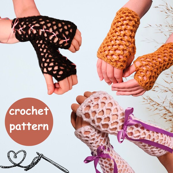 Fishnet Fingerless Gloves with optional Ribbon embellishments, Crochet Pattern, Size small, medium/large, plus size, regular & elbow length