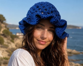 Crochet Spring Hat with Ruffle Brim - Unique Granny Square Design