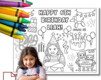 Página para colorir personalizada com foto de aniversário - Jogo americano digital para atividades - 2 modelos