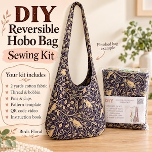 May include: A DIY reversible hobo bag sewing kit featuring a dark fabric with a gold bird and floral pattern. The kit includes 2 yards of cotton fabric, thread, a bobbin, pins, clips, a pattern template, a QR code video, and an instruction book.