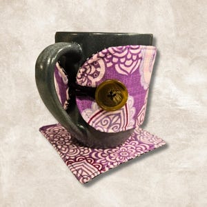 Reversible Cup Cozy for Teacups and Coffee Mugs, Easy Sewing Pattern with Picture Tutorial and Printable Templates, Includes Coaster Pattern