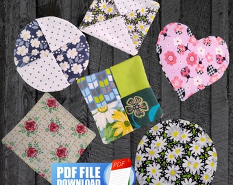 Fabric Coaster Pattern Bundle, 6 Designs, Folded Coaster Tutorial, Printable Templates Included, Written Picture Tutorial, Mother's Day Gift