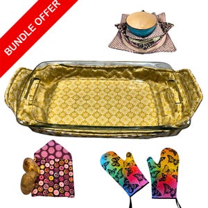 May include: A glass baking dish with a yellow floral patterned fabric liner, accompanied by a stack of bowls and a set of oven mitts with a butterfly design. Also included is a fabric potato bag.
