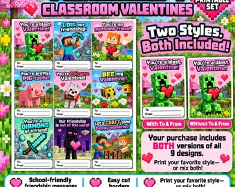 Pixel World Classroom Valentijnskaarten 9 printbaar voor en van of zonder