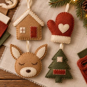 May include: Four felt ornaments with hanging loops: a tan house with a red door, a red mitten with a white heart, a tan animal head with closed eyes, and a dark green Christmas tree. Each piece features visible stitching and cream-colored accents.