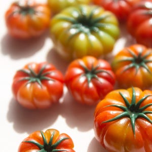 Peut inclure: Gros plan sur une collection de tomates m&ucirc;res, allant du vert au rouge-orang&eacute;. Les tomates pr&eacute;sentent une texture c&ocirc;tel&eacute;e et des tiges vert fonc&eacute;, dispos&eacute;es sur une surface claire. L'image est bien &eacute;clair&eacute;e, mettant en valeur les couleurs et les textures.