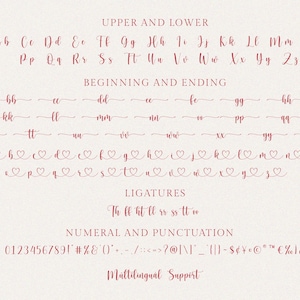May include: A digital font sample in a delicate, handwritten style. The image displays the full alphabet in upper and lowercase, along with beginning and ending letter variations, ligatures, and numerals. The font is in a soft red color.