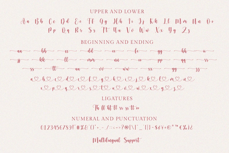 May include: A digital font sample in a delicate, handwritten style. The image displays the full alphabet in upper and lowercase, along with beginning and ending letter variations, ligatures, and numerals. The font is in a soft red color.