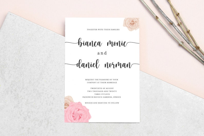 May include: A white wedding invitation with the names "Bianca Monic" and "Daniel Norman" in elegant script. The invitation includes the date, time, and location, with floral accents in the corners. The background is a light pink and gray.