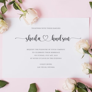 May include: A wedding invitation with the names "Sheila" and "Hudson" in elegant script, connected by a heart symbol. The invitation includes details about the ceremony on July 4th, 2019, at the Goldy Hotel in Las Vegas, Nevada, with floral accents.