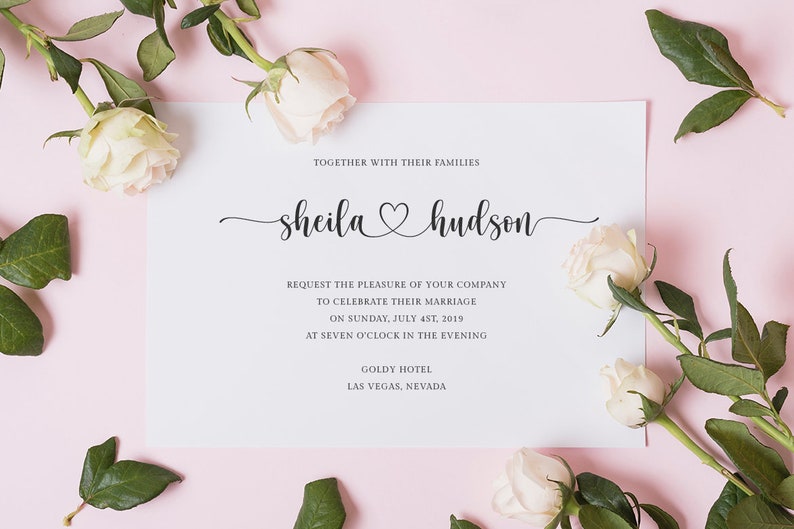 May include: A wedding invitation with the names "Sheila" and "Hudson" in elegant script, connected by a heart symbol. The invitation includes details about the ceremony on July 4th, 2019, at the Goldy Hotel in Las Vegas, Nevada, with floral accents.