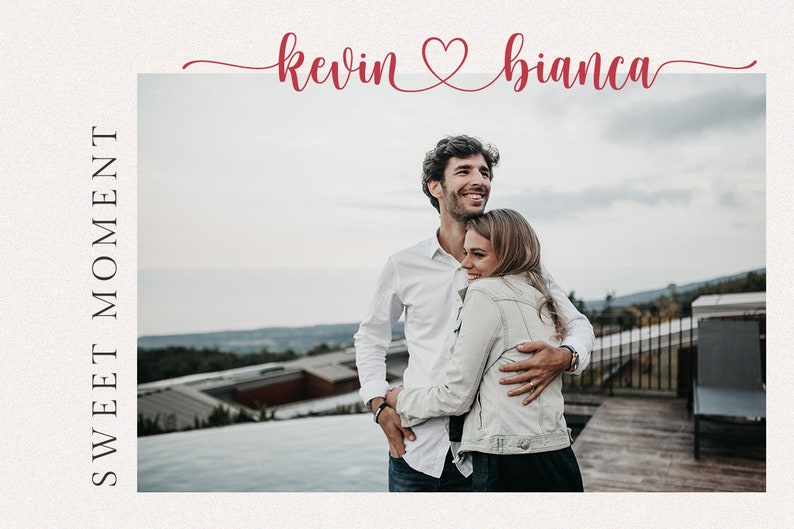 May include: A photograph featuring a couple embracing outdoors. The text "kevin & bianca" is written in red script above the image, with a heart symbol between the names. The words "SWEET MOMENT" are written vertically on the left side.